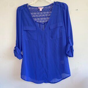 Candie's Blue Purple V Neck Front Pockets Long Sleeve Lace Back Sheer Blouse
